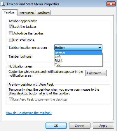 Windows 7 Taskbar Location on Screen